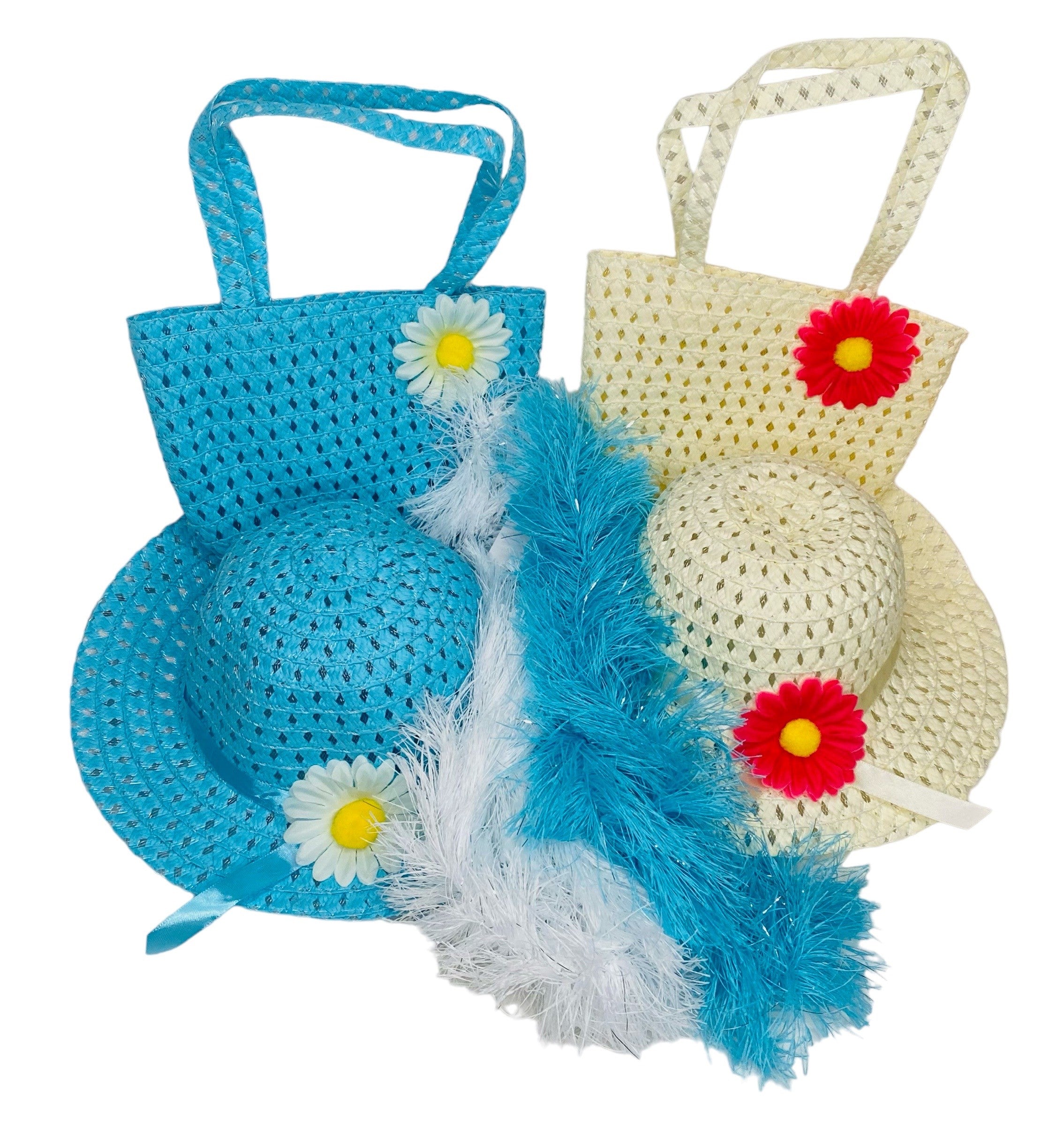 Girls Tea Party Dress Up Set Blue & White Hats Purses Boas Gloves