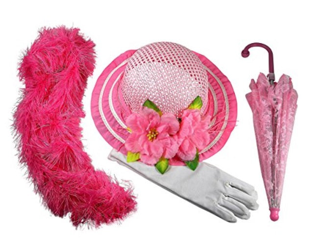 Girls Tea Party Dress Up Hat with Pink Boa Parasol and White Gloves