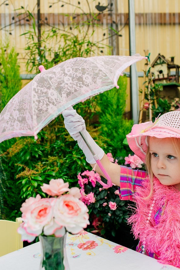 Girls Tea Party Dress Up Hat with Pink Boa Parasol and White Gloves