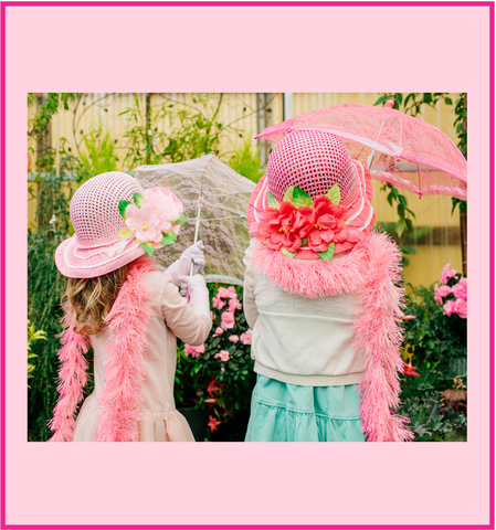 Girls Tea Party Dress Up Play Set with Blue Sun Hat, Boa, Long White Gloves
