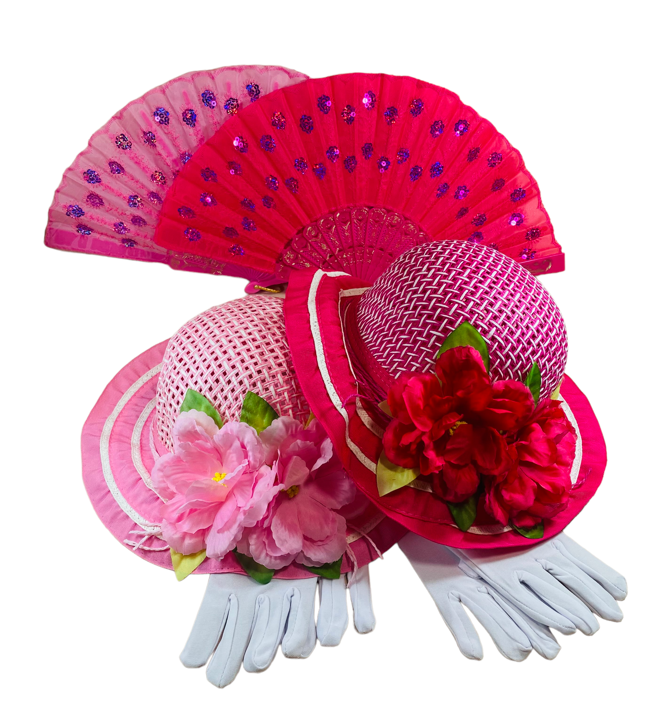 Girls Tea Party Dress Up Play Set For 2 with Sun Hats Gloves Hand Fans