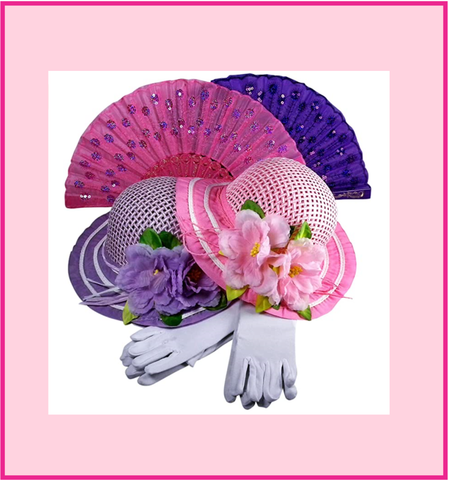 Girls Tea Party Dress Up Play Set with Fuchsia Sun Hat, Boa, Long White Gloves
