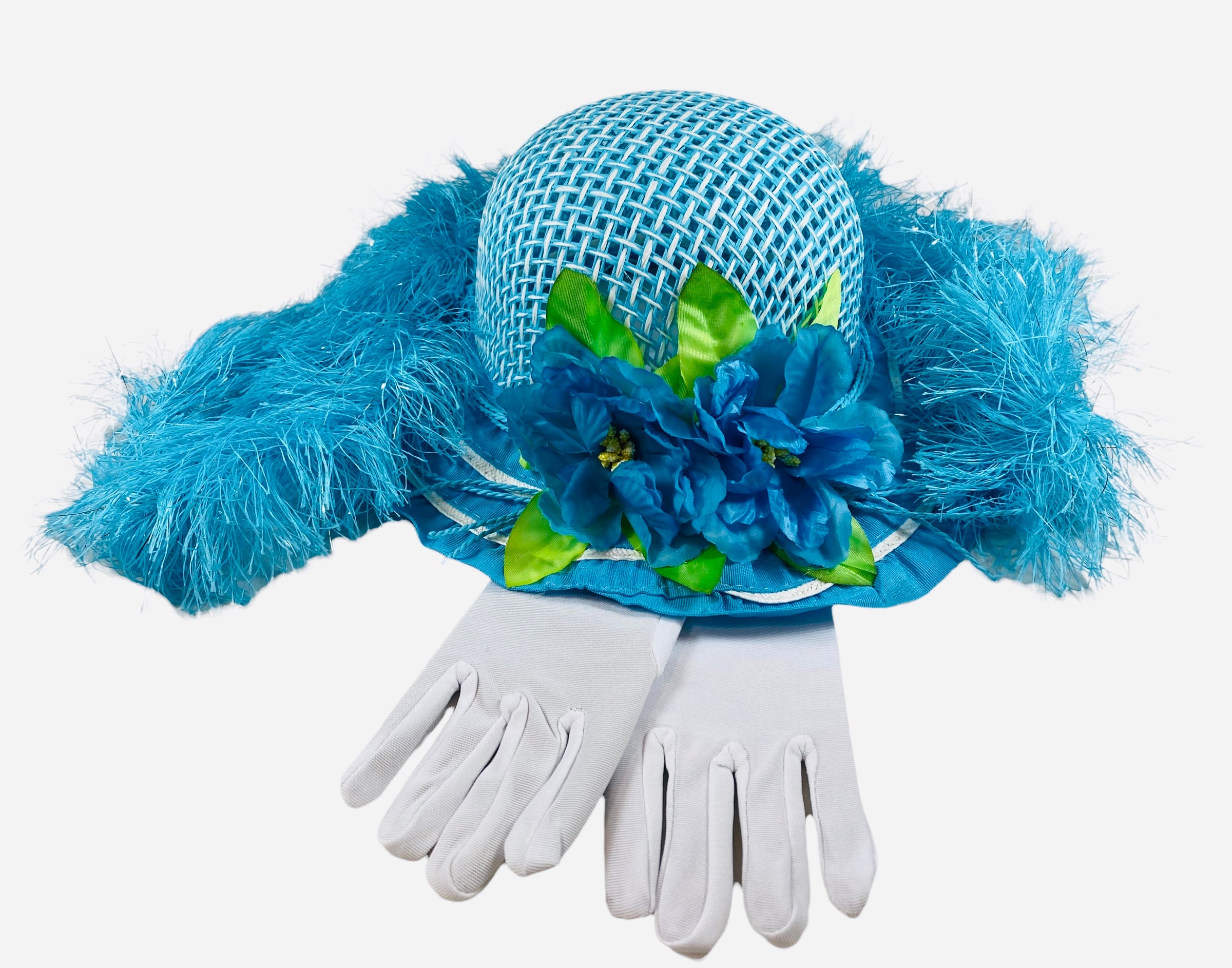 Girls Tea Party Dress Up Play Set with Blue Sun Hat, Boa, Long White Gloves