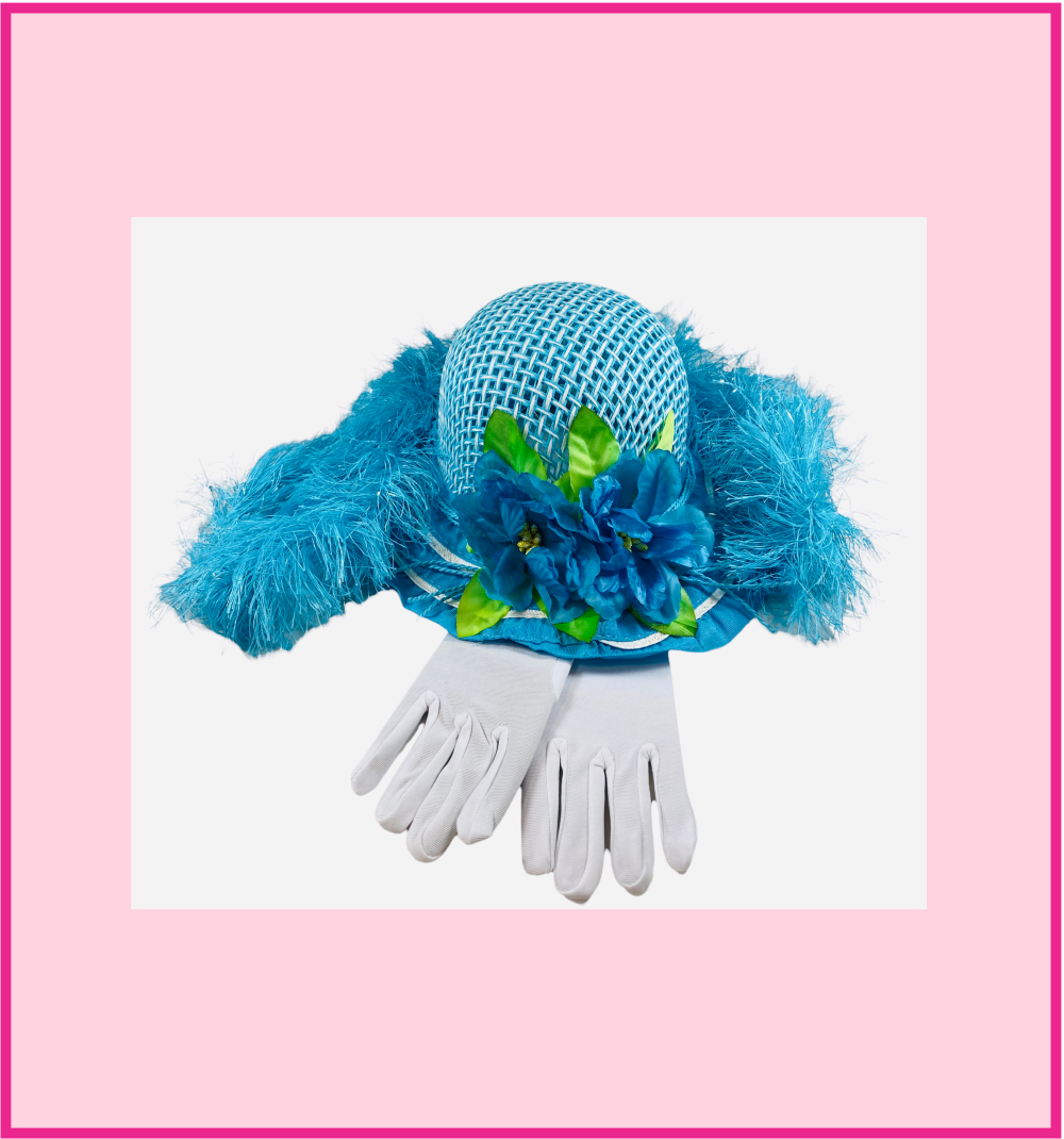 Girls Tea Party Dress Up Play Set with Blue Sun Hat, Boa, Long White Gloves