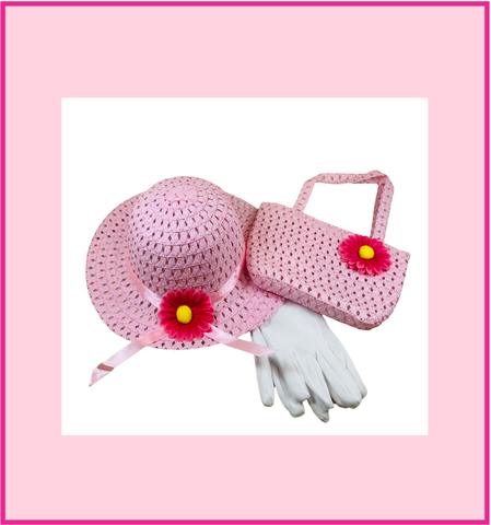 Girls Tea Party Dress Up Play Set with Blue Sun Hat, Boa, Long White Gloves