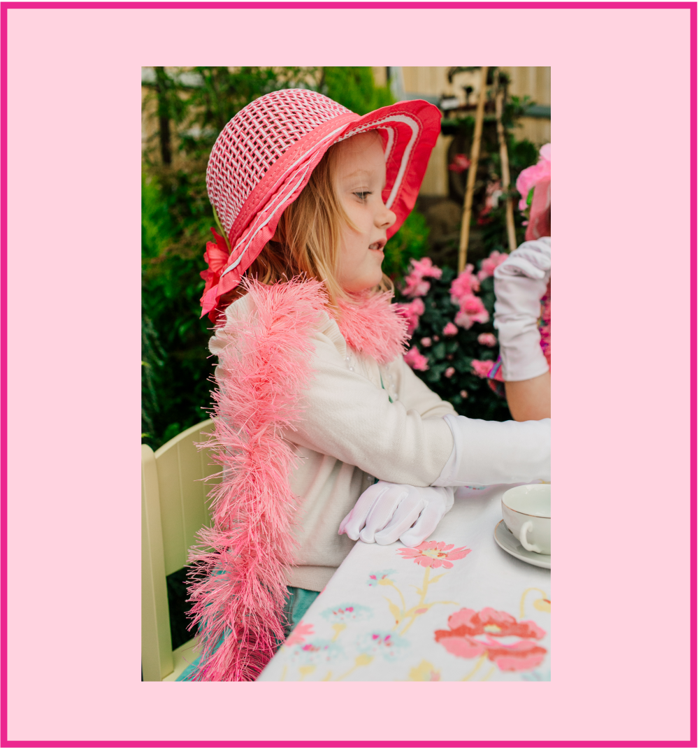 Girls Tea Party Dress Up Play Set with Fuchsia Sun Hat, Boa, Long White Gloves