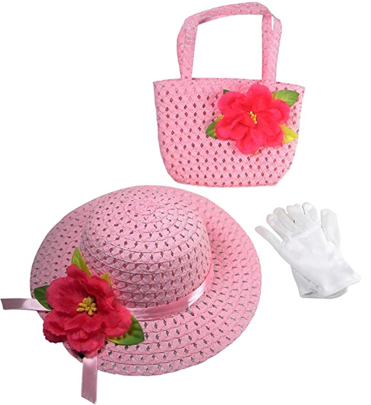Girls Tea Party Dress Up Play Set with Sun Hat, Purse, and White Gloves