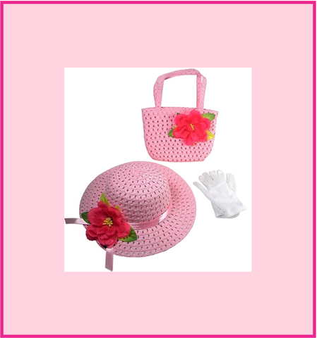 Girls Tea Party Dress Up Play Set with Blue Sun Hat, Boa, Long White Gloves