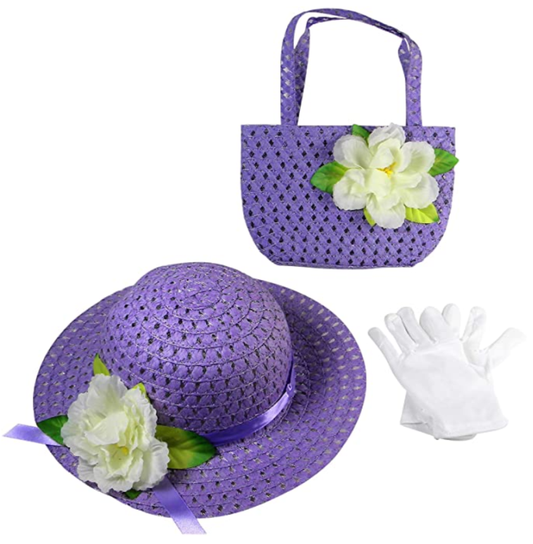 Girls Tea Party Dress Up Play Set with Sun Hat, Purse, and White Gloves