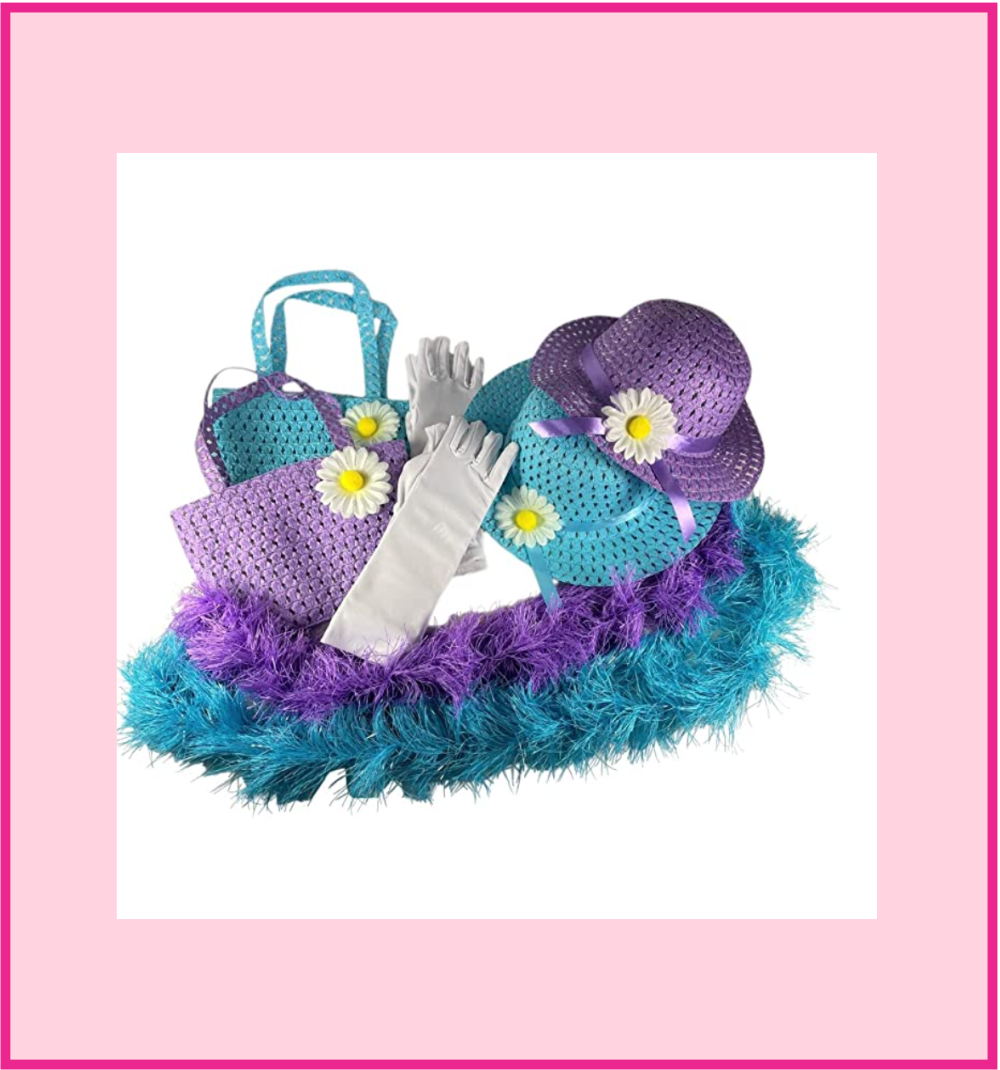 Girls Tea Party Dress Up Set Purple & Blue Hats Purses Boas Gloves
