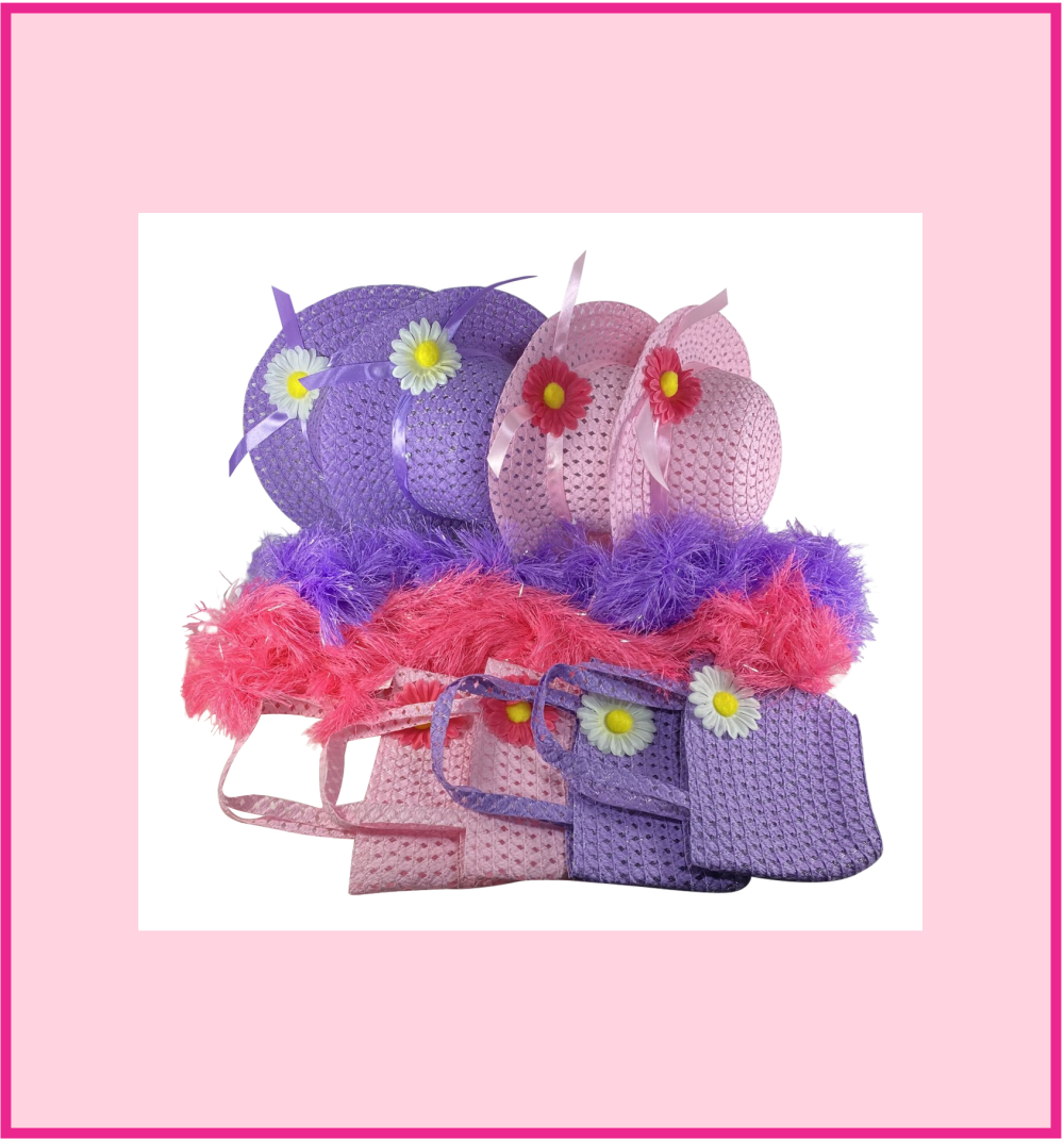 Girls Tea Party Hats Purses Boas Dress Up Play Set for 4, Pink & Purple