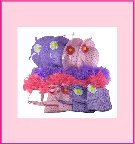 Girls Tea Party Dress Up Play Set with Blue Sun Hat, Boa, Long White Gloves