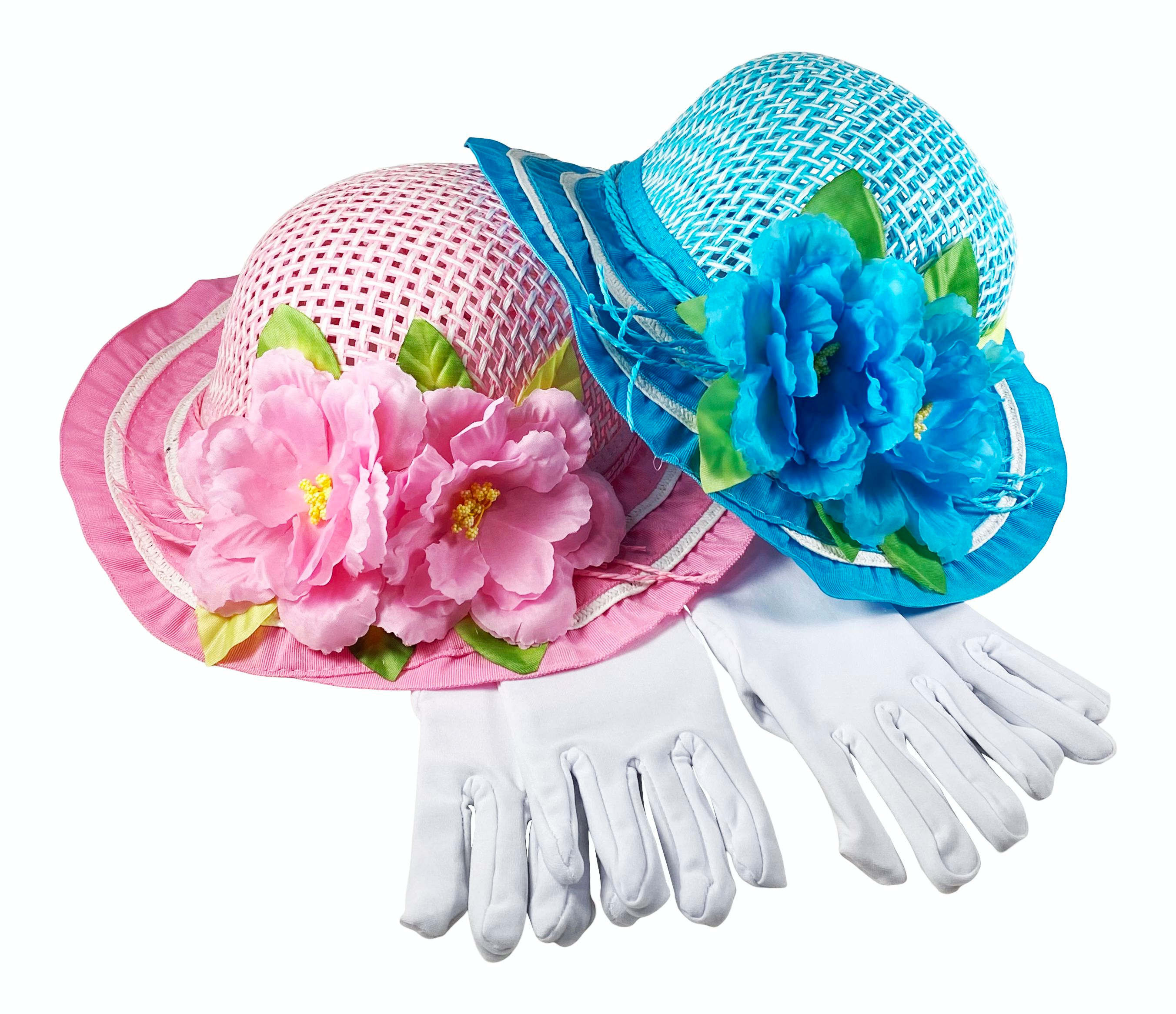 Girls Tea Party Dress Up Play Set for Two with Sun Hats and White Gloves