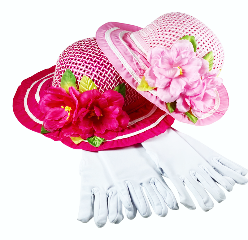 Girls Tea Party Dress Up Play Set for Two with Sun Hats and White Gloves
