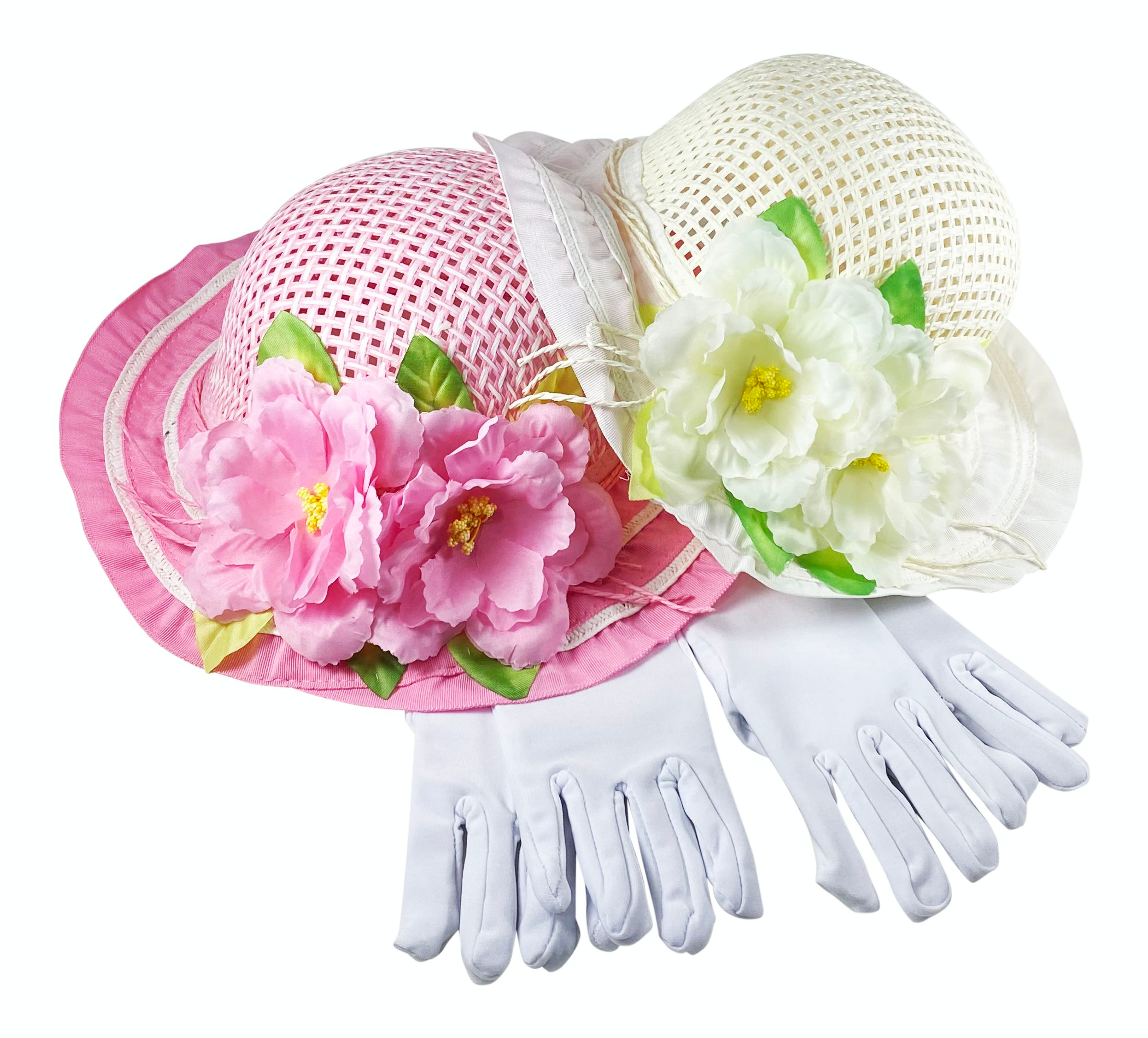 Girls Tea Party Dress Up Play Set for Two with Sun Hats and White Gloves