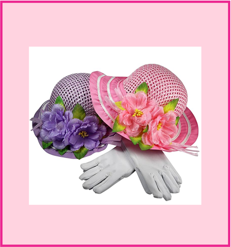 Girls Tea Party Dress Up Play Set with Blue Sun Hat, Boa, Long White Gloves