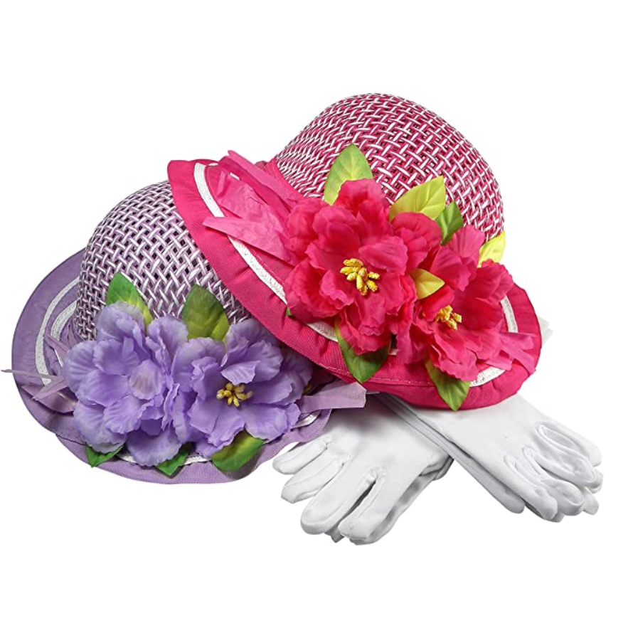 Girls Tea Party Dress Up Play Set for Two with Sun Hats and White Gloves