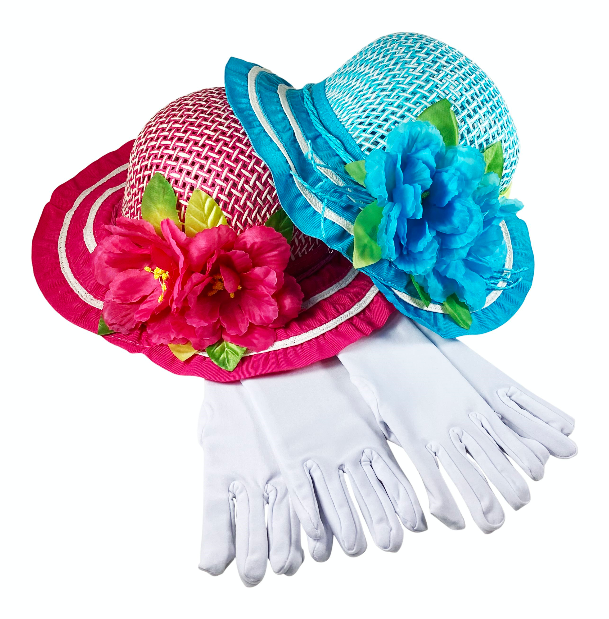 Girls Tea Party Dress Up Play Set for Two with Sun Hats and White Gloves
