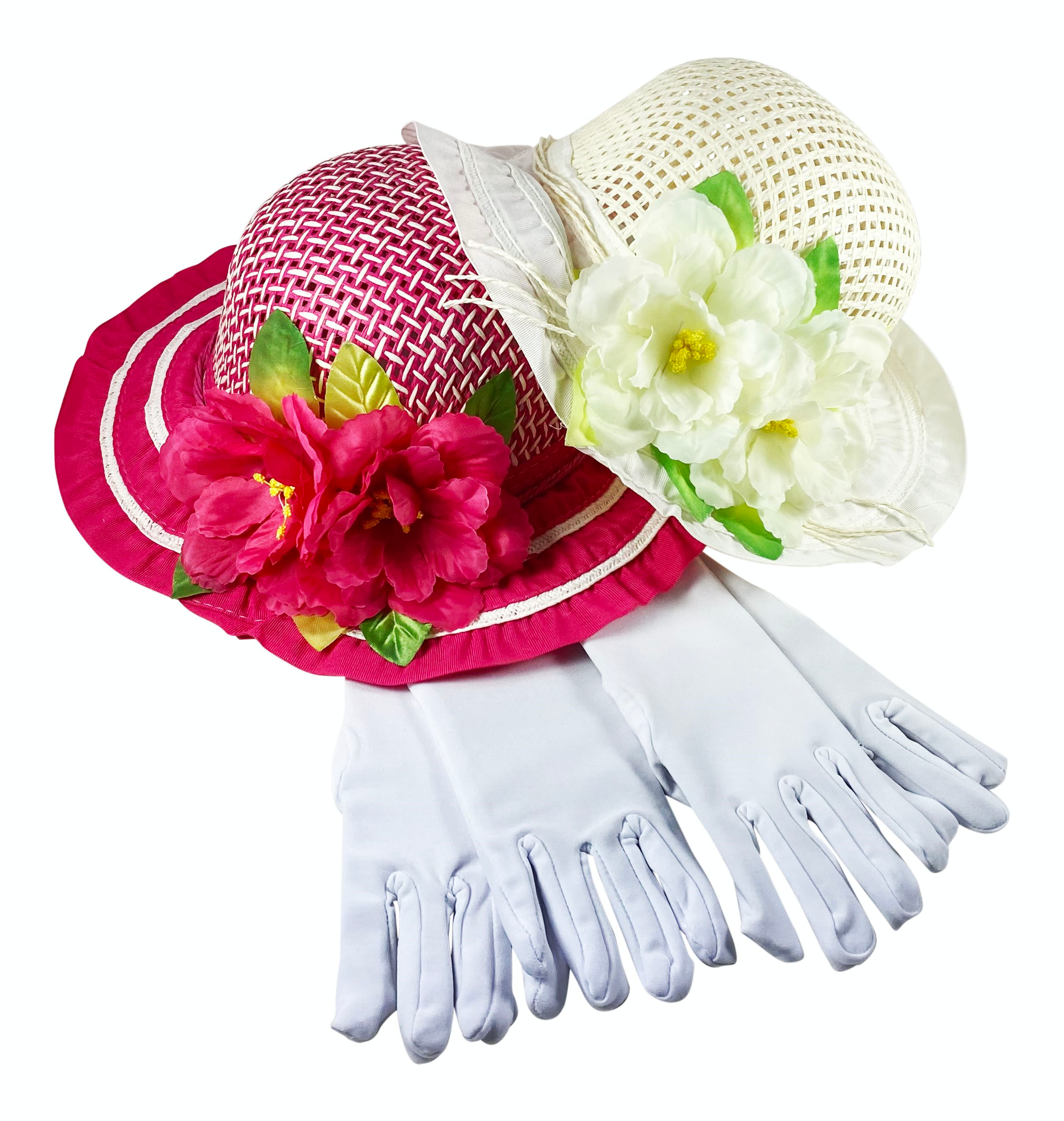 Girls Tea Party Dress Up Play Set for Two with Sun Hats and White Gloves