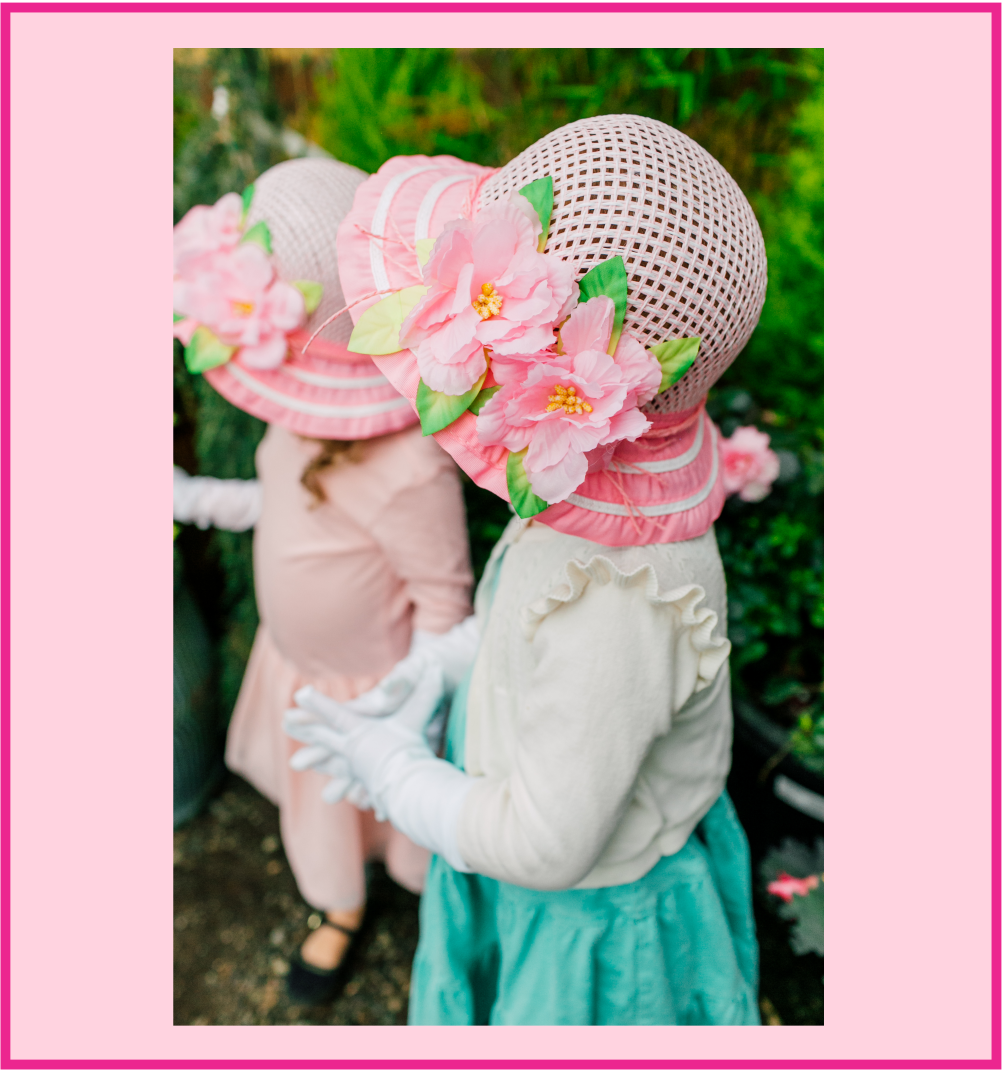Girls Tea Party Dress Up Play Set for Two with Pink Sun Hats and White Gloves