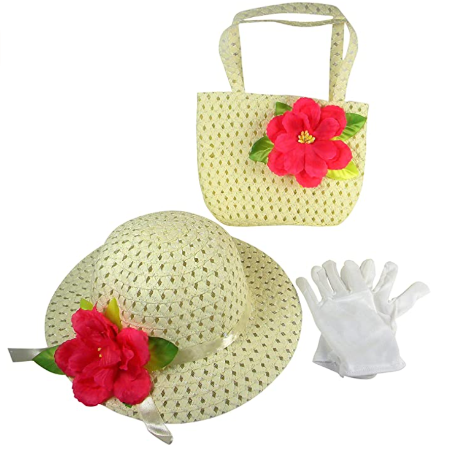 Girls Tea Party Dress Up Play Set with Sun Hat, Purse, and White Gloves