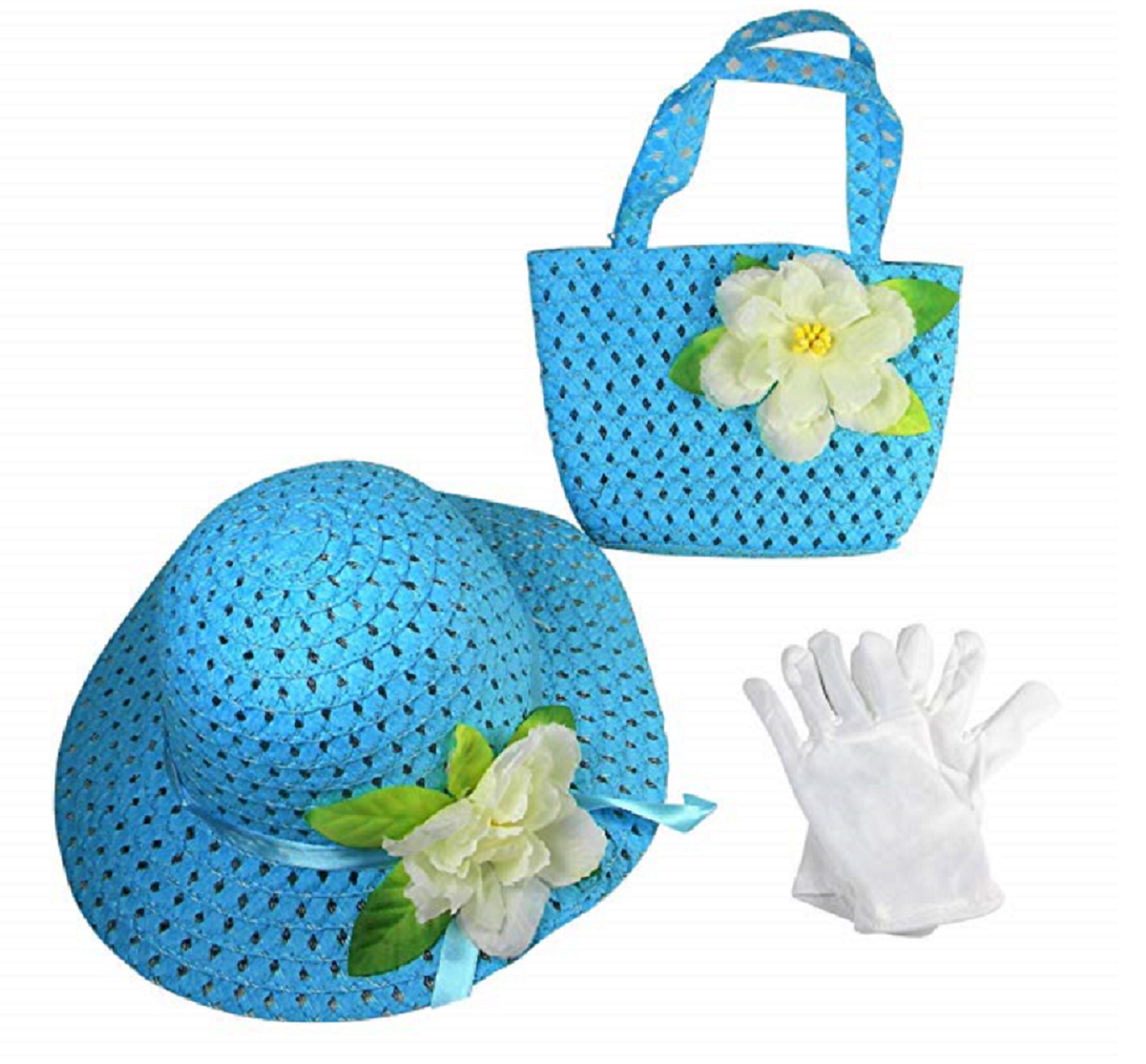 Girls Tea Party Dress Up Play Set with Sun Hat, Purse, and White Gloves
