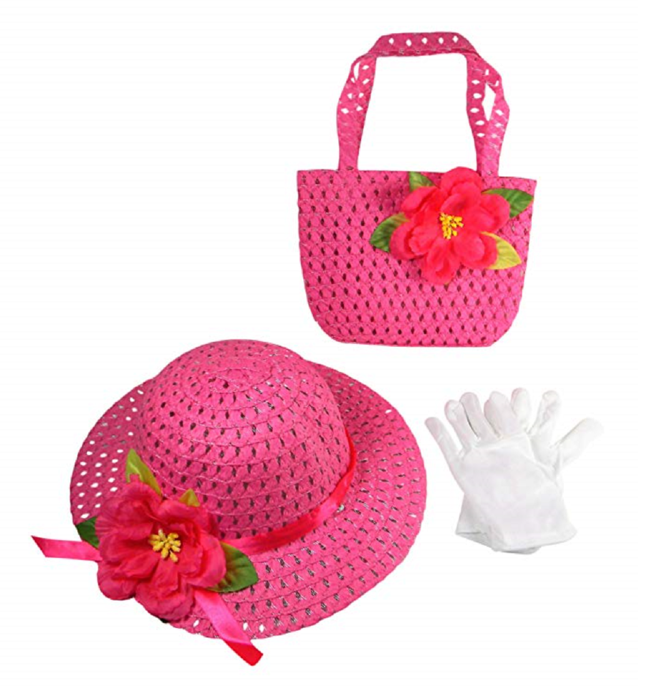 Girls Tea Party Dress Up Play Set with Sun Hat, Purse, and White Gloves