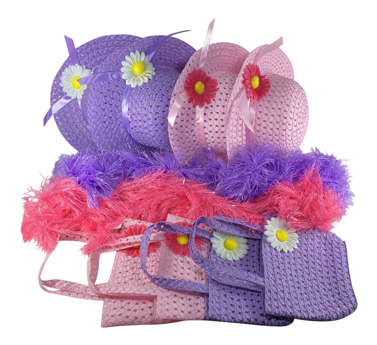 Girls Tea Party Hats Purses Boas Dress Up Play Set for 4, Pink & Purple