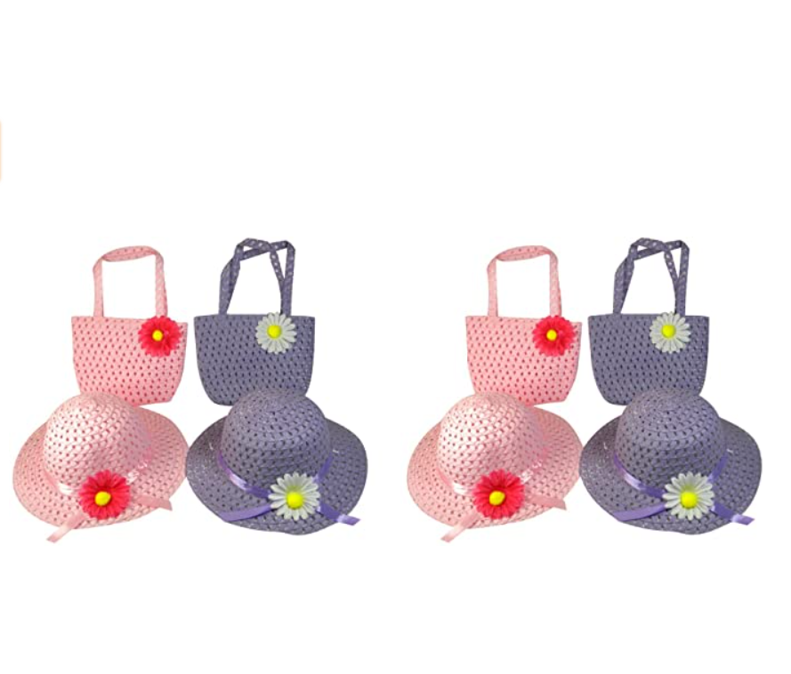 Girls Tea Party Hats Purses Boas Dress Up Play Set for 4, Pink & Purple