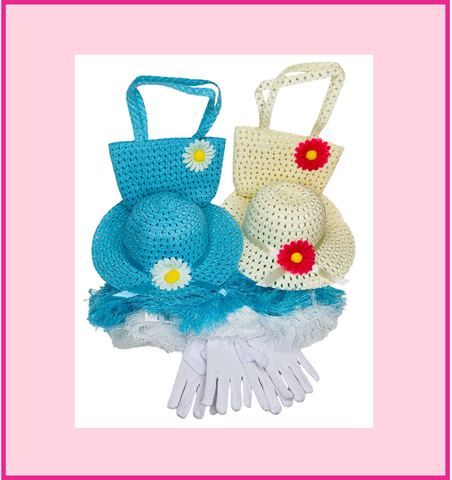 Girls Tea Party Dress Up Play Set with Blue Sun Hat, Boa, Long White Gloves