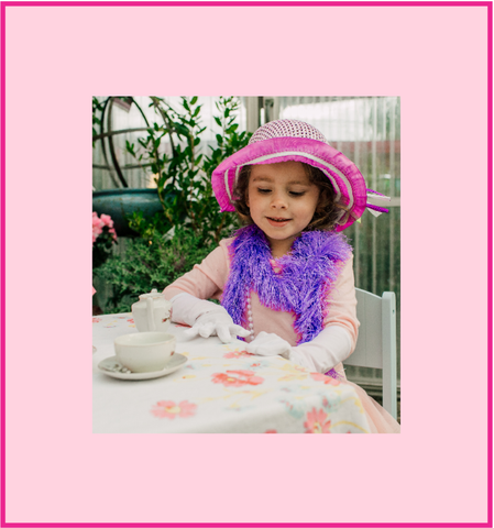 Girls Tea Party Dress Up Play Set with Blue Sun Hat, Boa, Long White Gloves