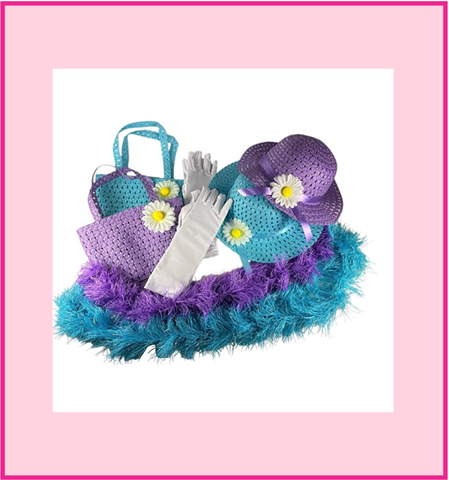 Girls Tea Party Dress Up Play Set with Purple Sun Hat, Boa, Long White Gloves